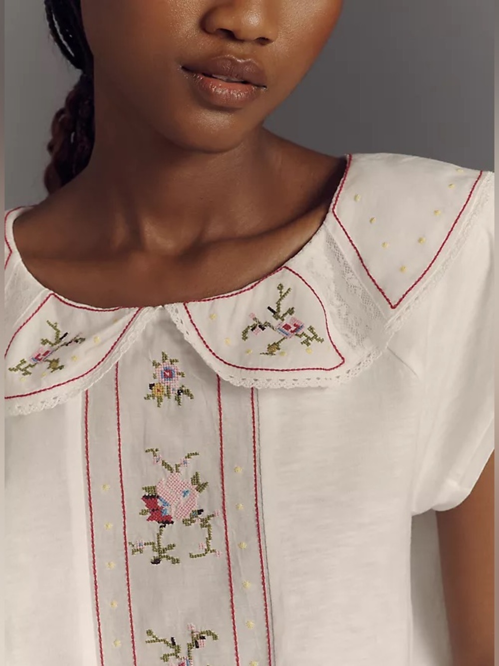 ANTHROPOLOGIE Embellished Collared Top White Cotton Size XL